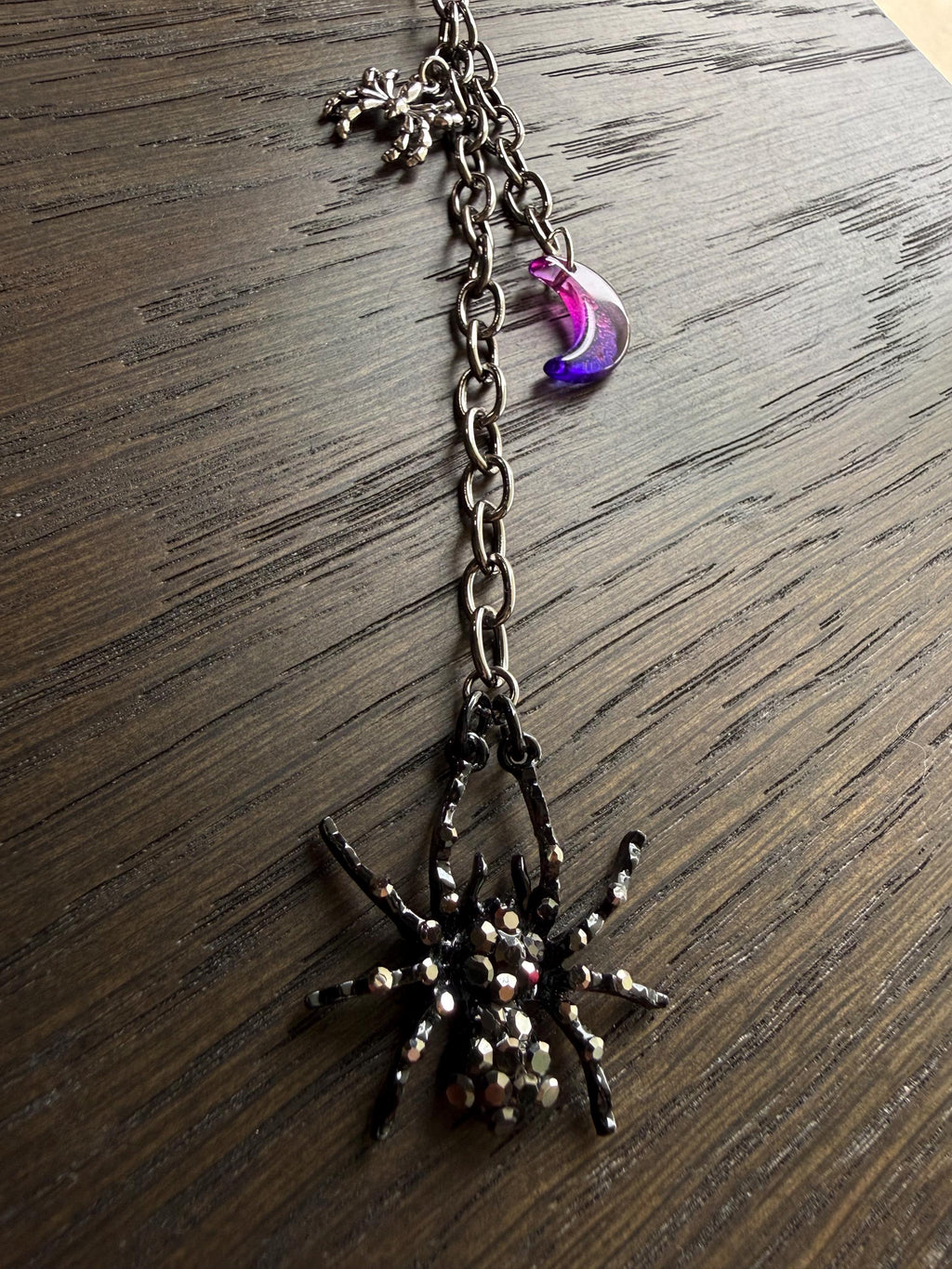 Black Rhinestone Spider w/ Moon, Bag Charm or Keychain … Perfect for your traveling bag!