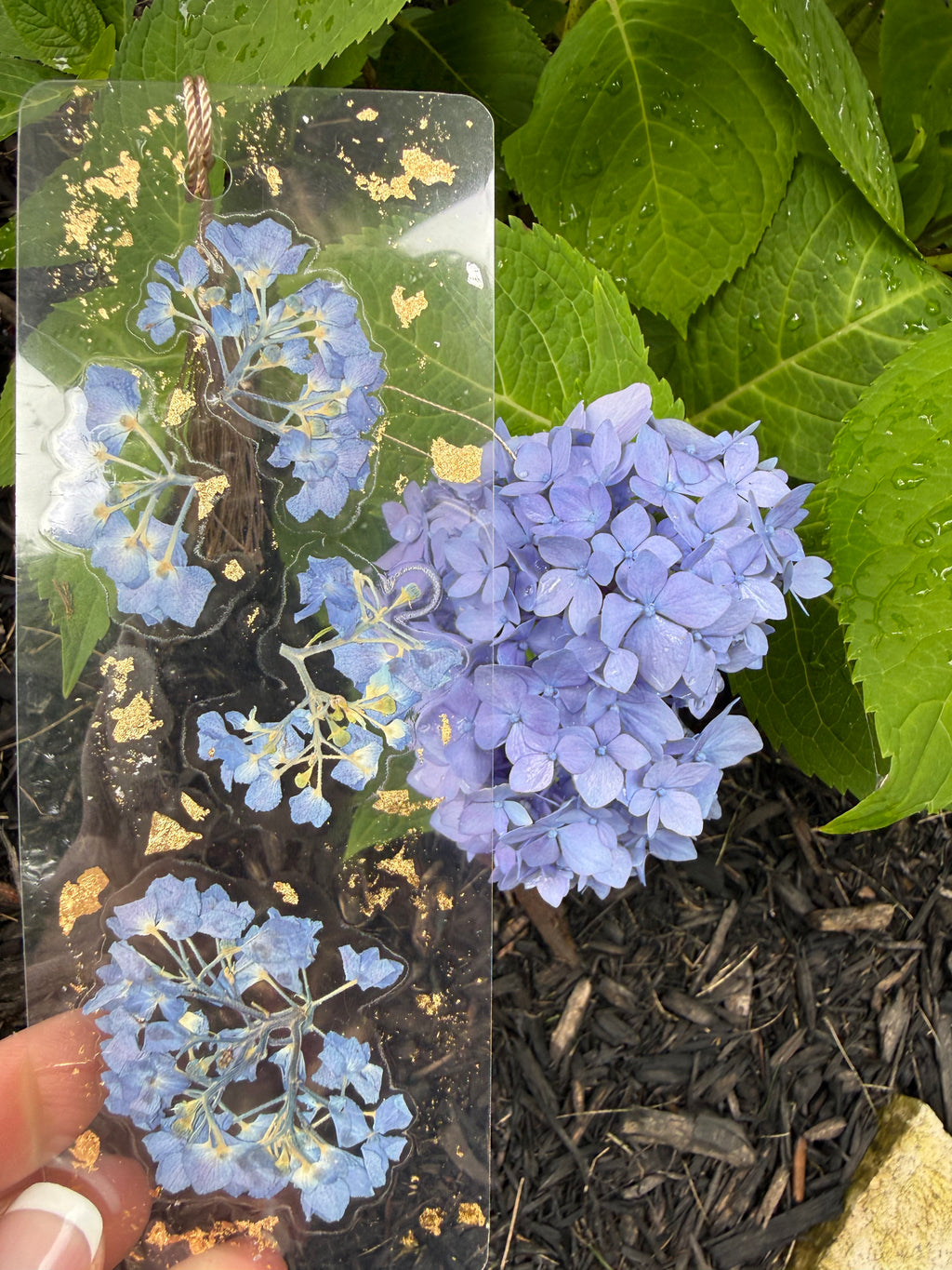 Blue Hydrangea ~gold flakes~ flower bookmark