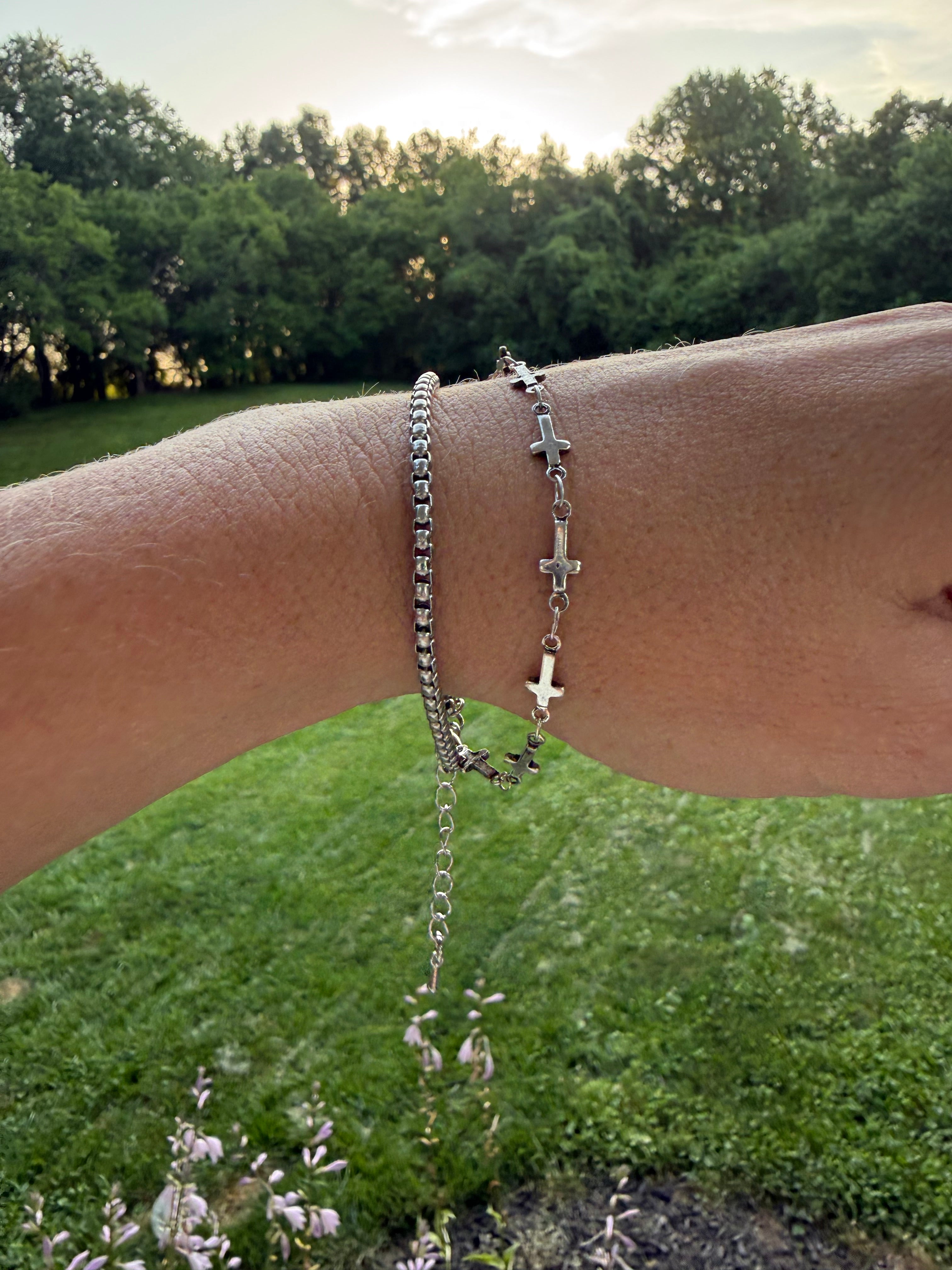 Silver Cross, Double Layer Bracelet