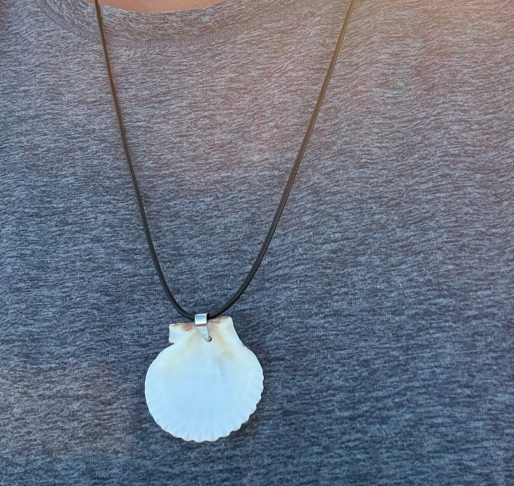 White Scallop Necklace, Black Cord