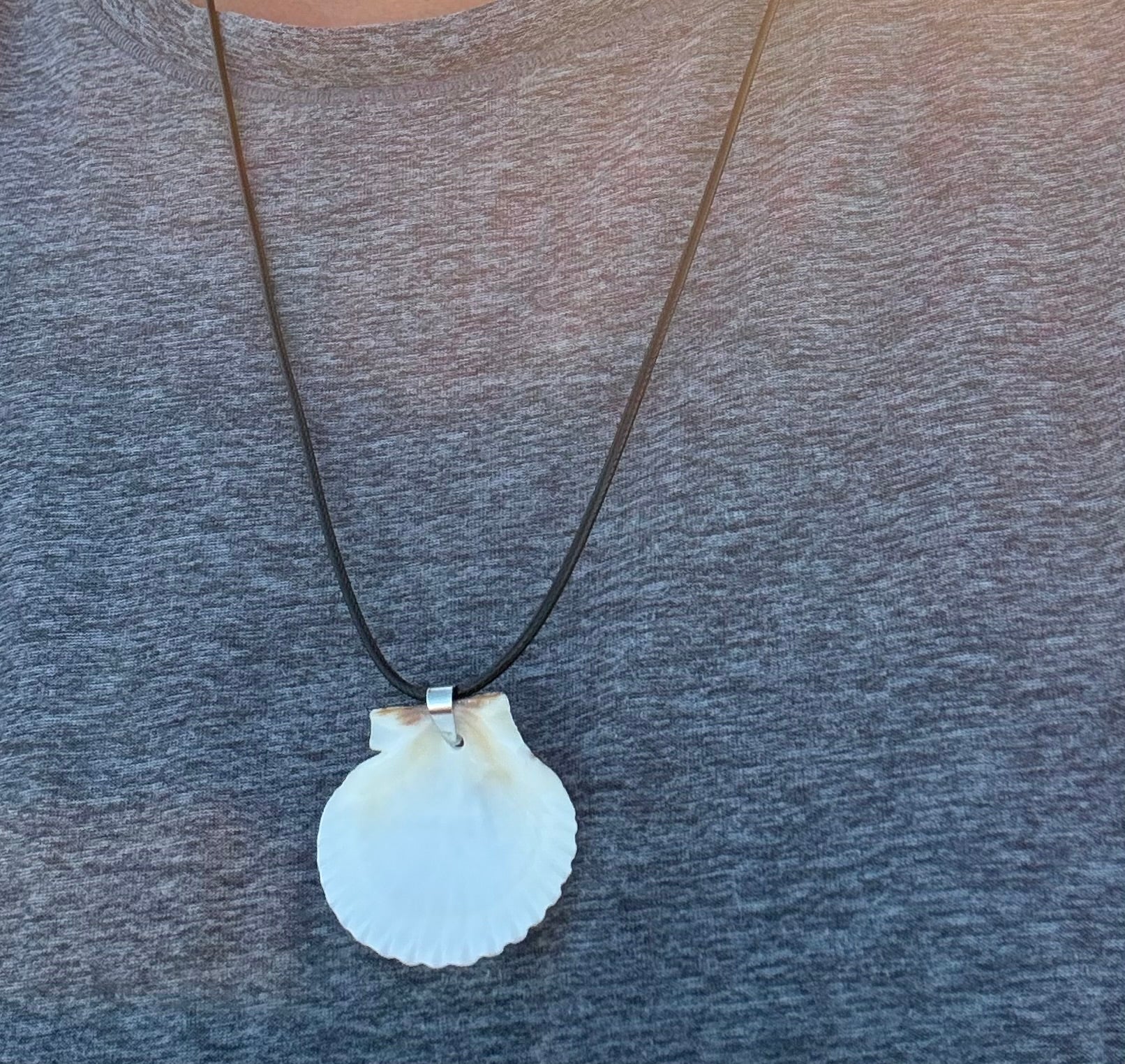 White Scallop Necklace, Black Cord
