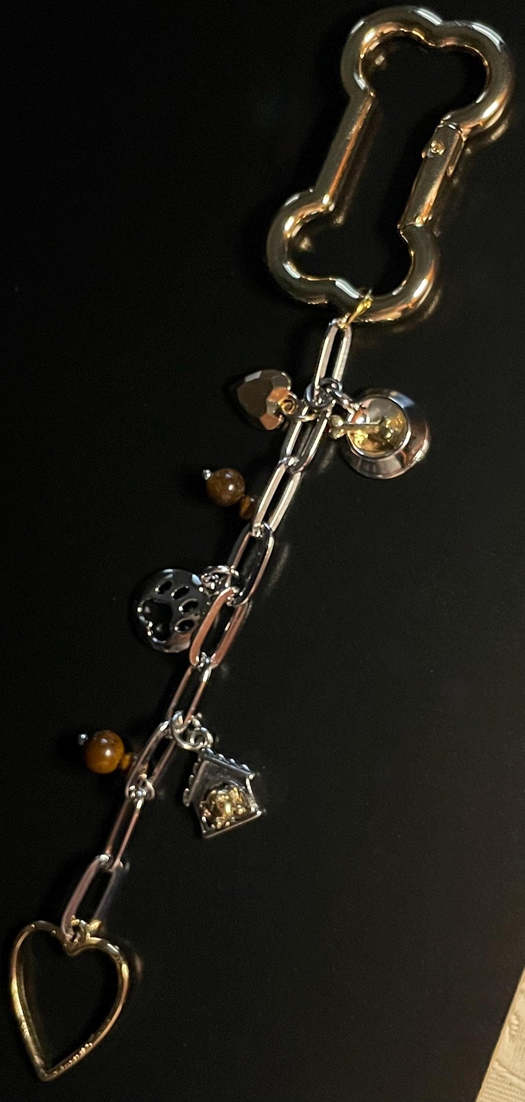 Puppy Paw Print Keychain, Dog Dish, Bone, Dog House, Brown Beads