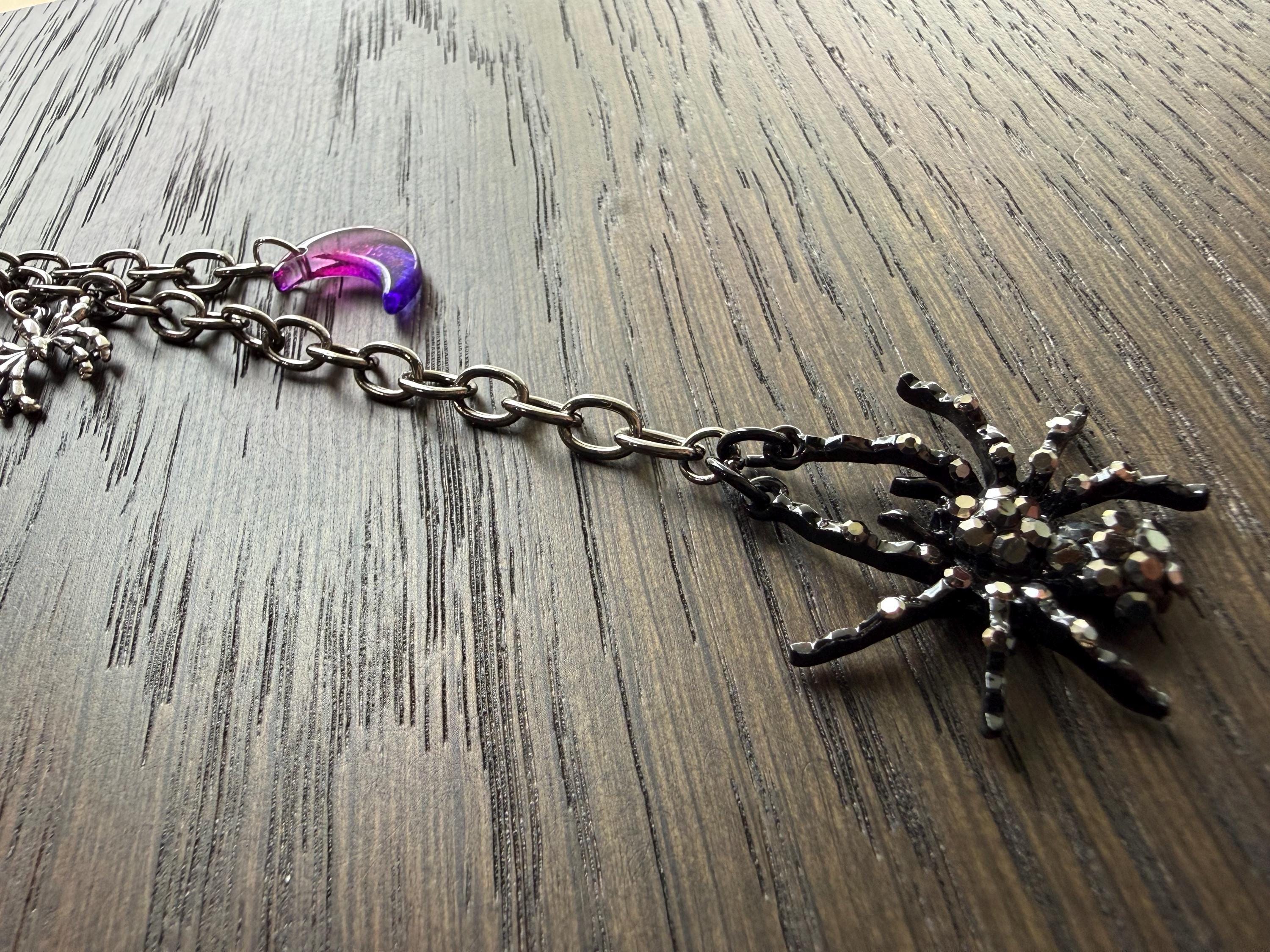 Black Rhinestone Spider w/ Moon, Bag Charm or Keychain … Perfect for your traveling bag!