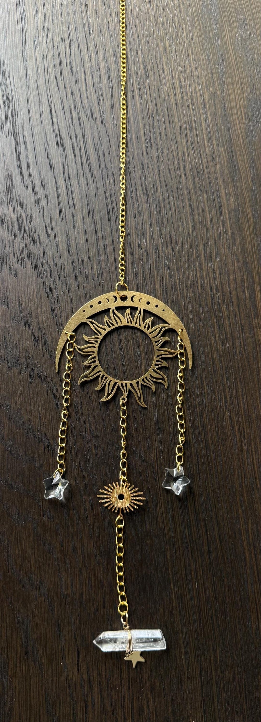 Gold Sun & Stars Suncatcher w Crystal Charm