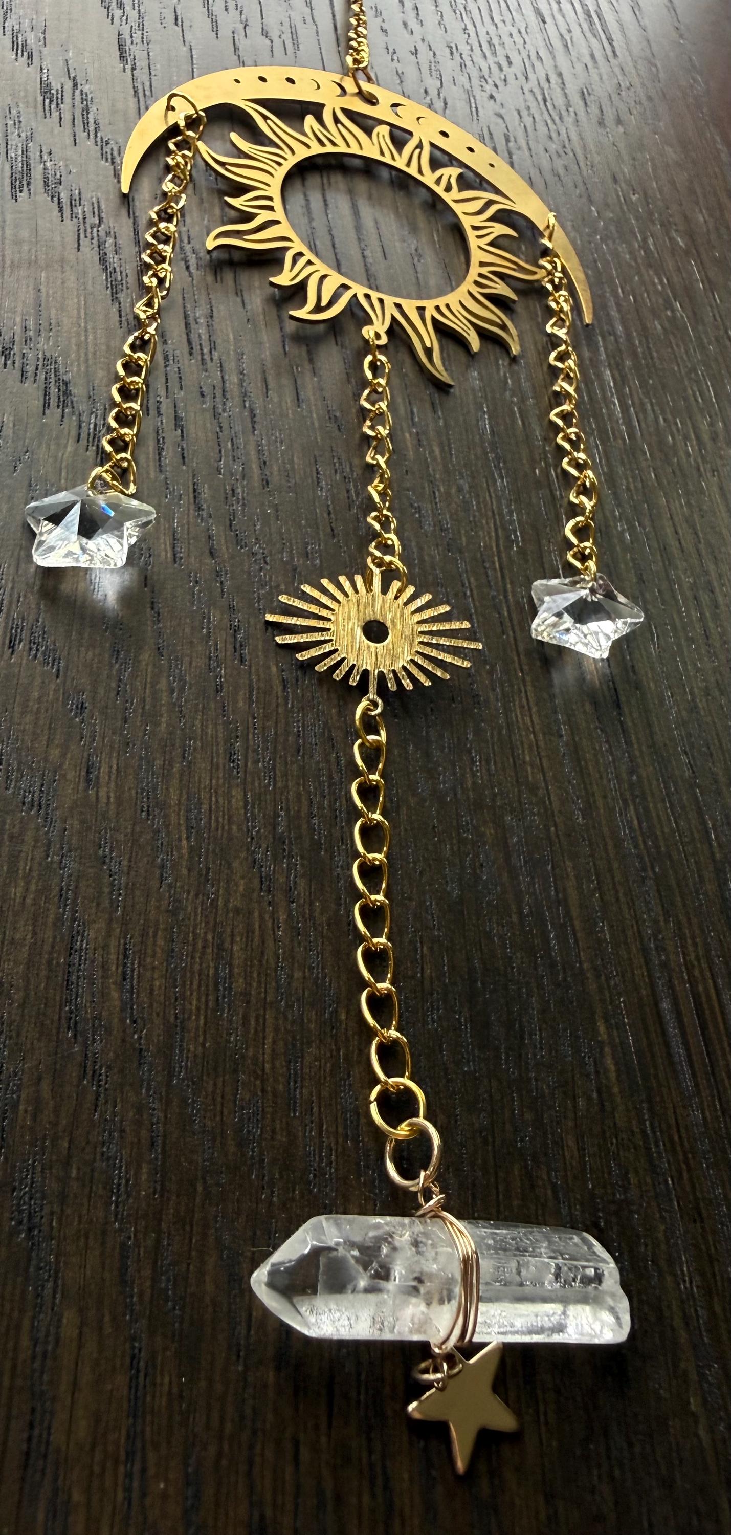 Gold Moon & Stars Suncatcher w Crystal Charm, Providing Endless Colors
