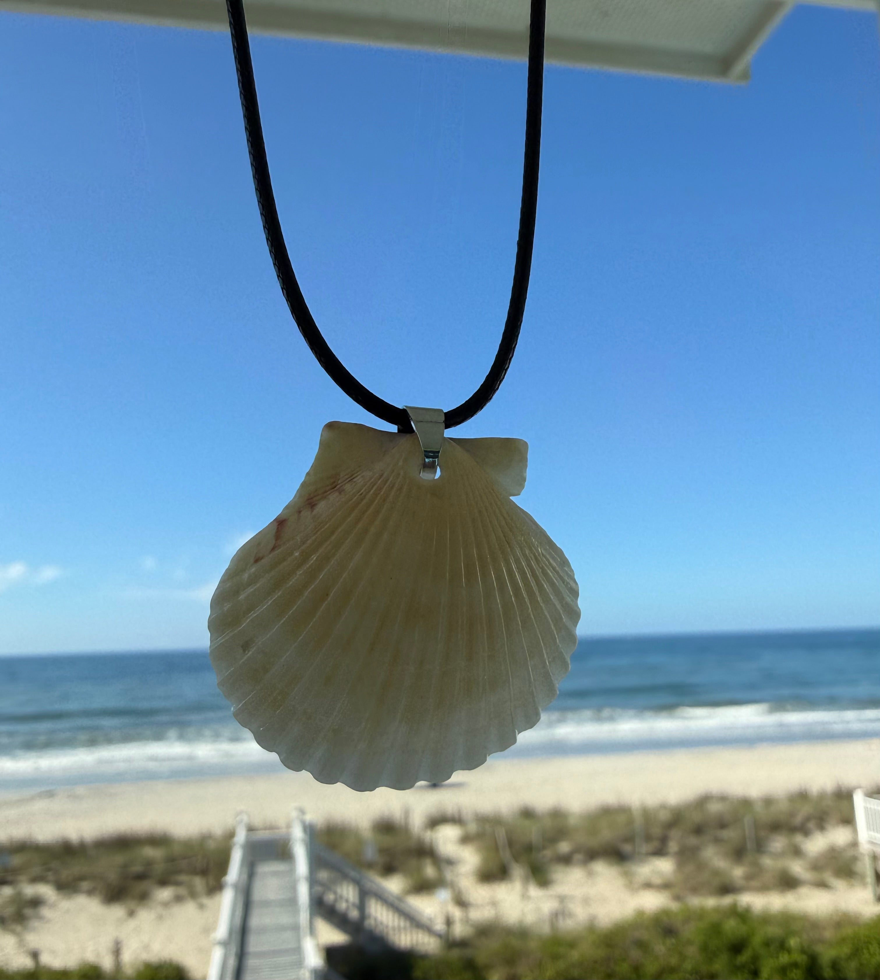 White Scallop Necklace, Black Cord