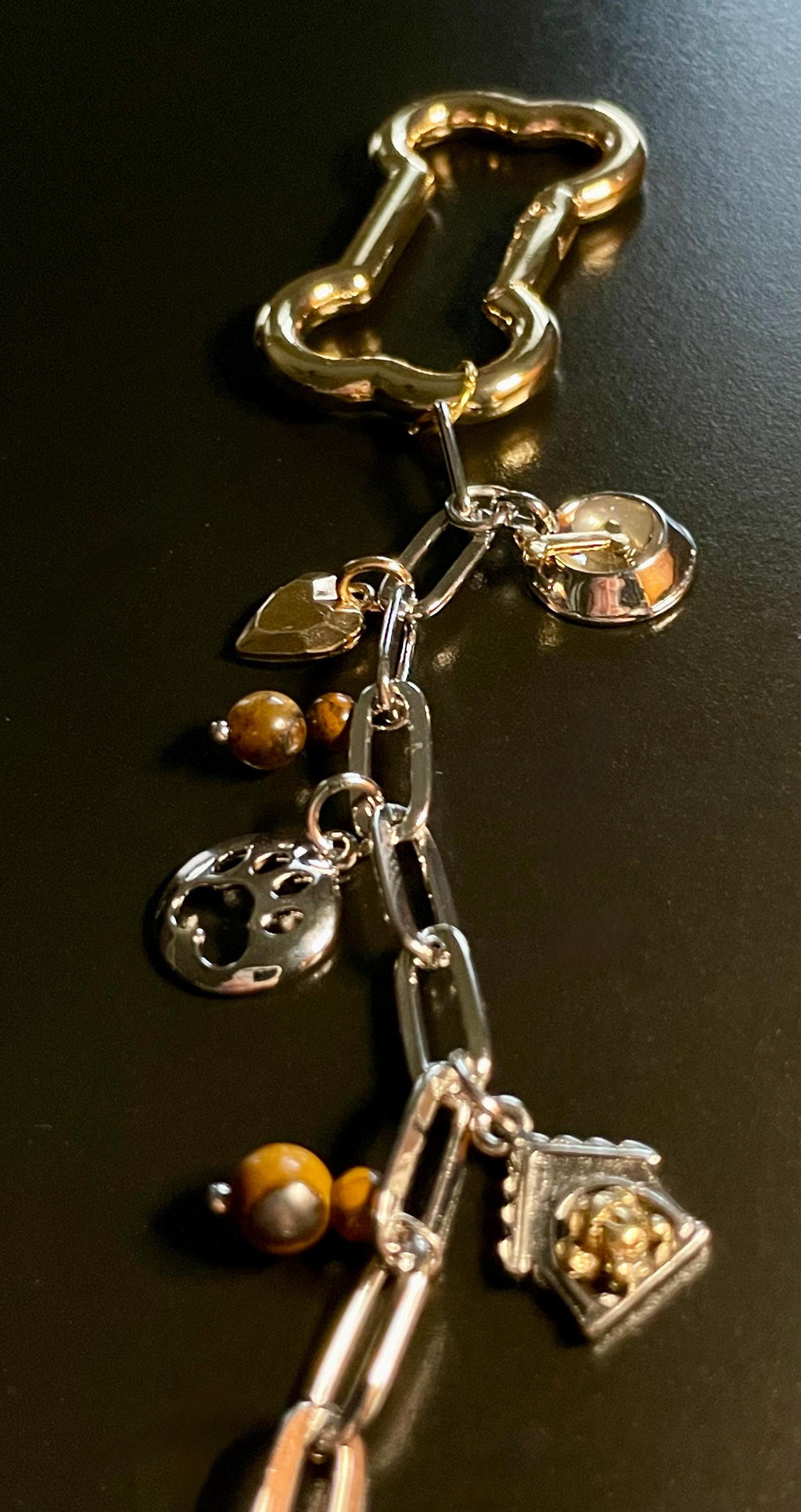 Puppy Paw Print Keychain, Dog Dish, Bone, Dog House, Brown Beads