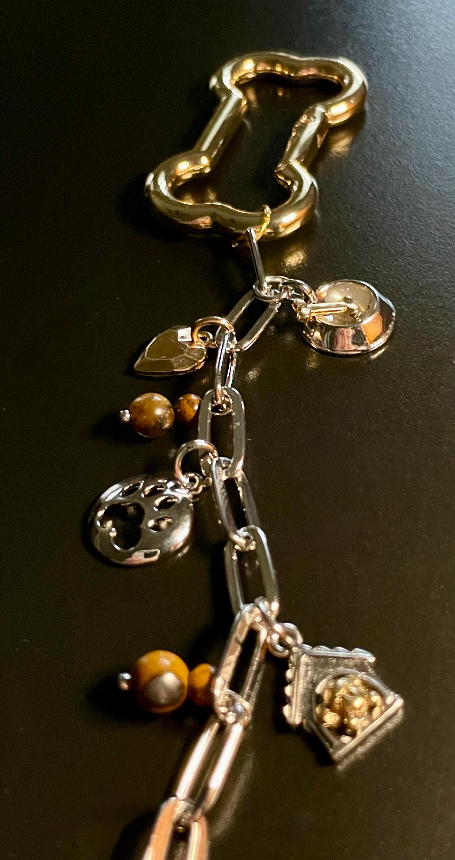 Puppy Paw Print Keychain, Dog Dish, Bone, Dog House, Brown Beads