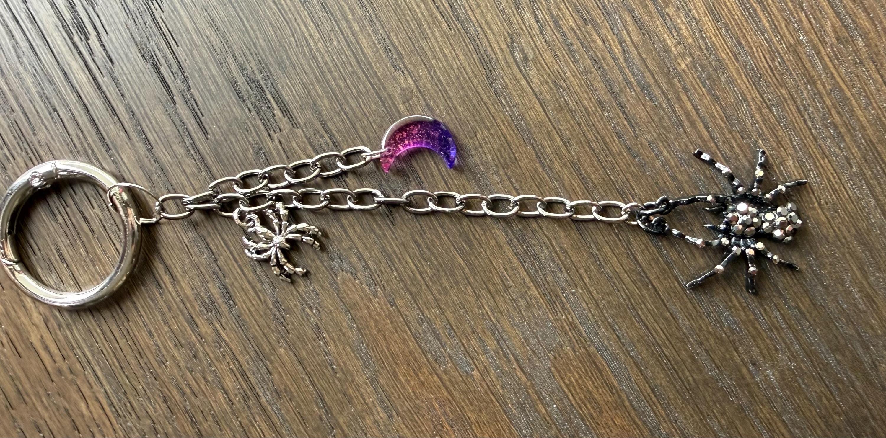 Black Rhinestone Spider w/ Moon, Bag Charm or Keychain … Perfect for your traveling bag!