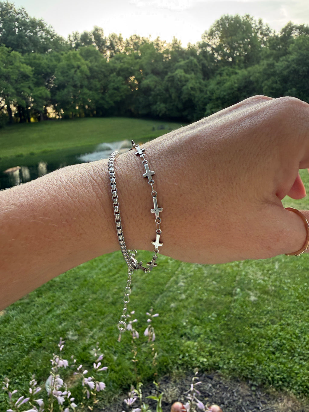 Silver Cross, Double Layer Bracelet