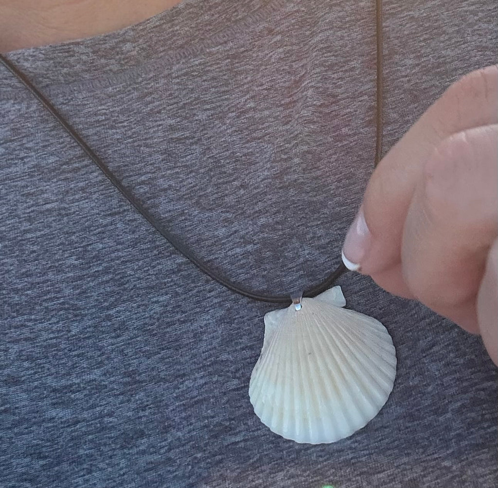 White Scallop Necklace, Black Cord