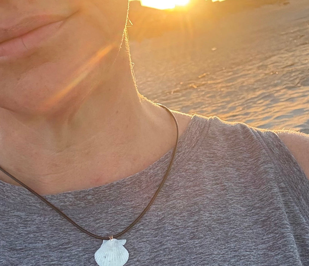 White Scallop Necklace, Black Cord