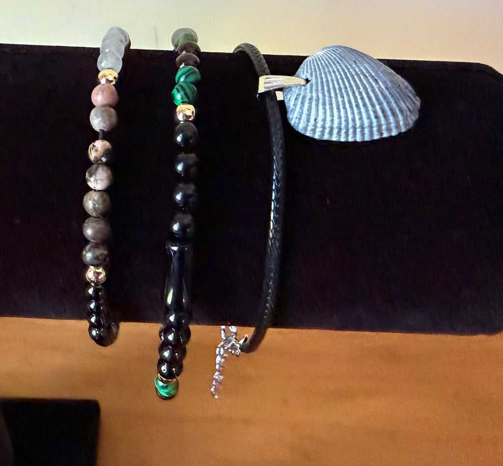 Grey Shell, Tourmaline, Onyx, Malachite (#10) set of 3