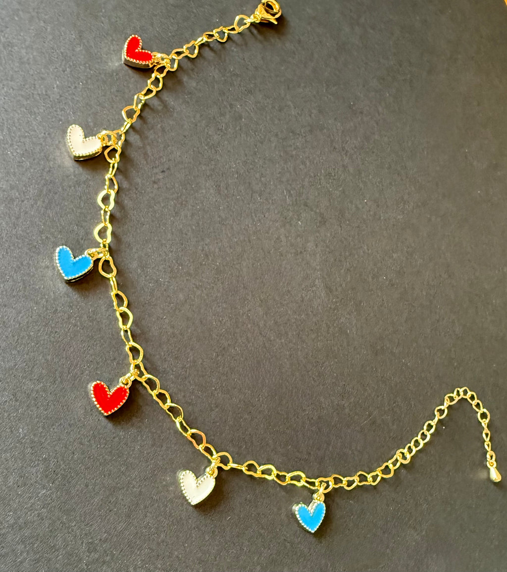 Red, White & Blue Heart Anklet (matching bracelet & keychain available)