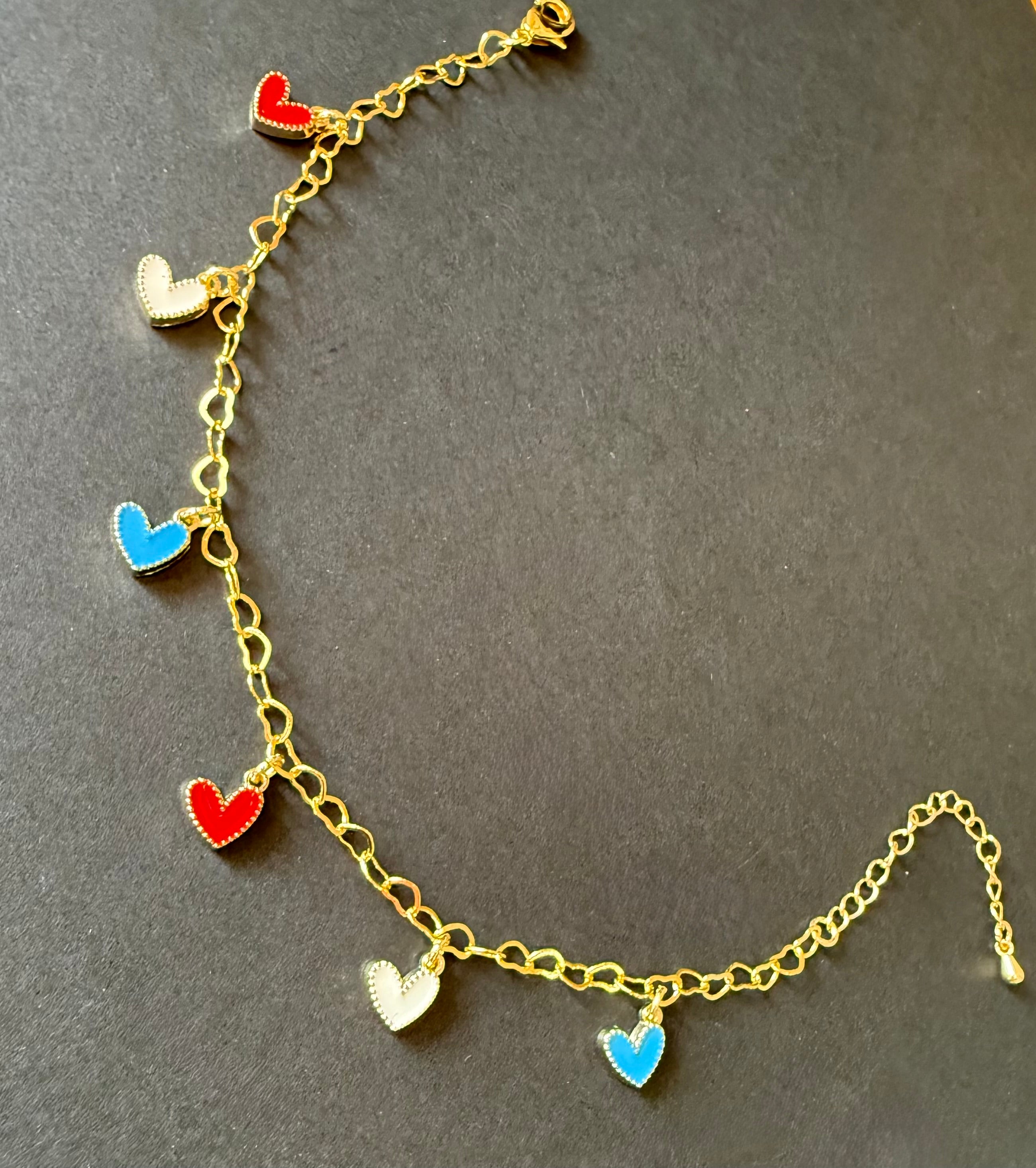 Red, White & Blue Heart Anklet (matching bracelet & keychain available)