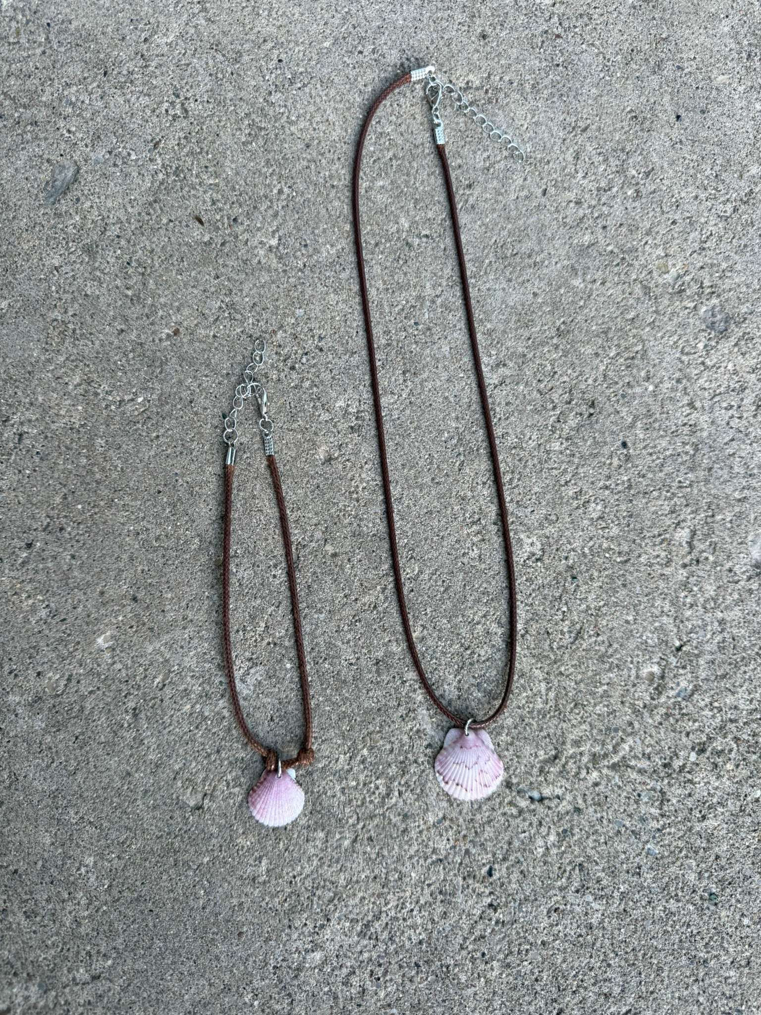 Bracelet/Anklet ~ Pink Shell, Brown Cord (set option)