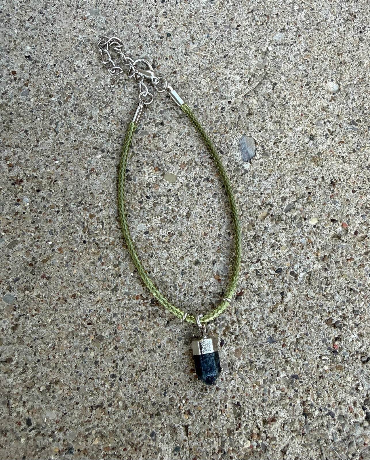 Dark Blue Gemstone Pendant, Bracelet ~ Green Cord Rope