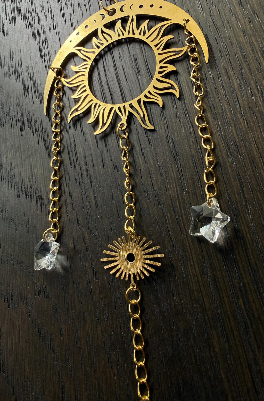 Gold Sun & Stars Suncatcher w Crystal Charm