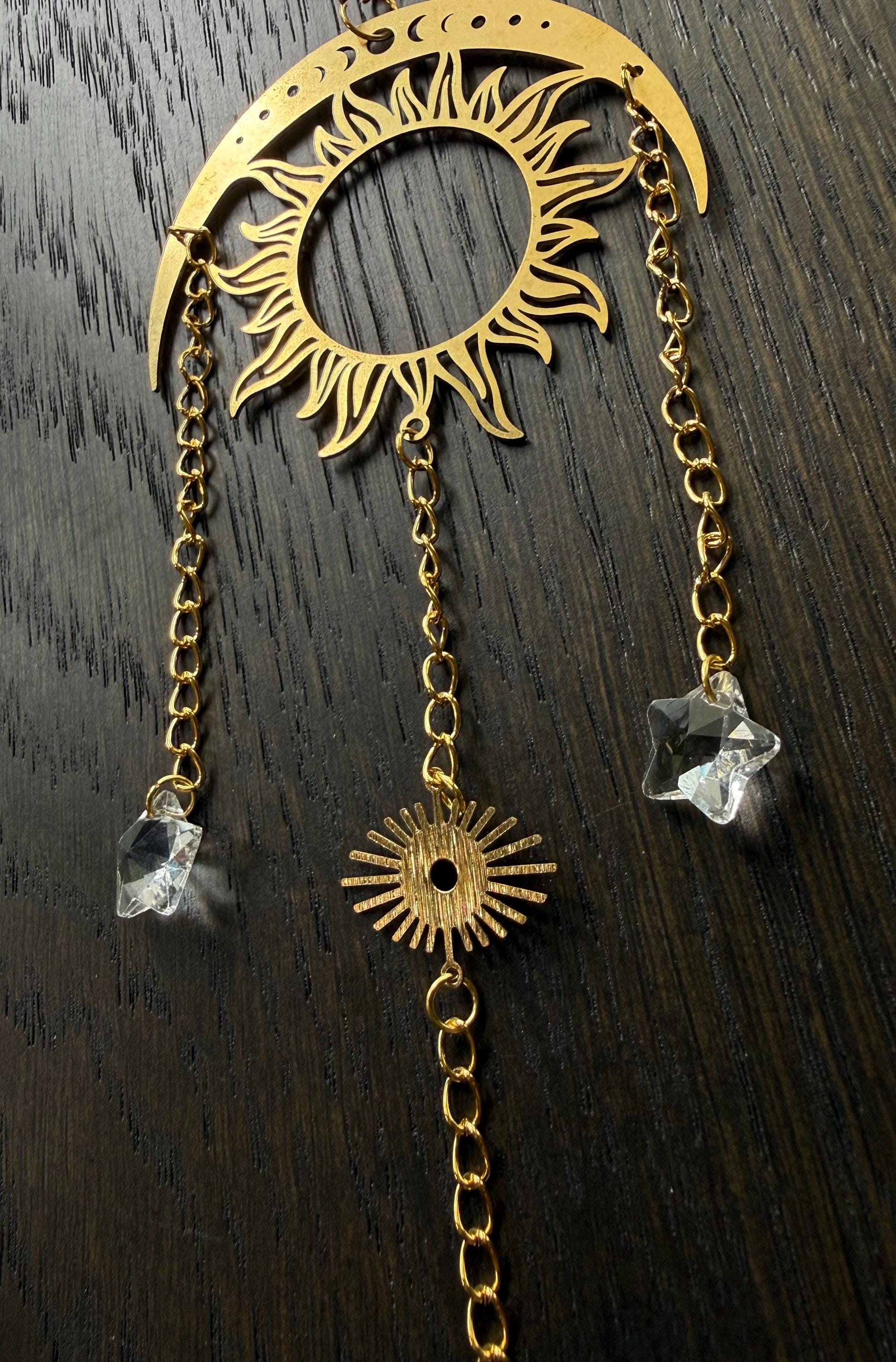Gold Moon & Stars Suncatcher w Crystal Charm, Providing Endless Colors