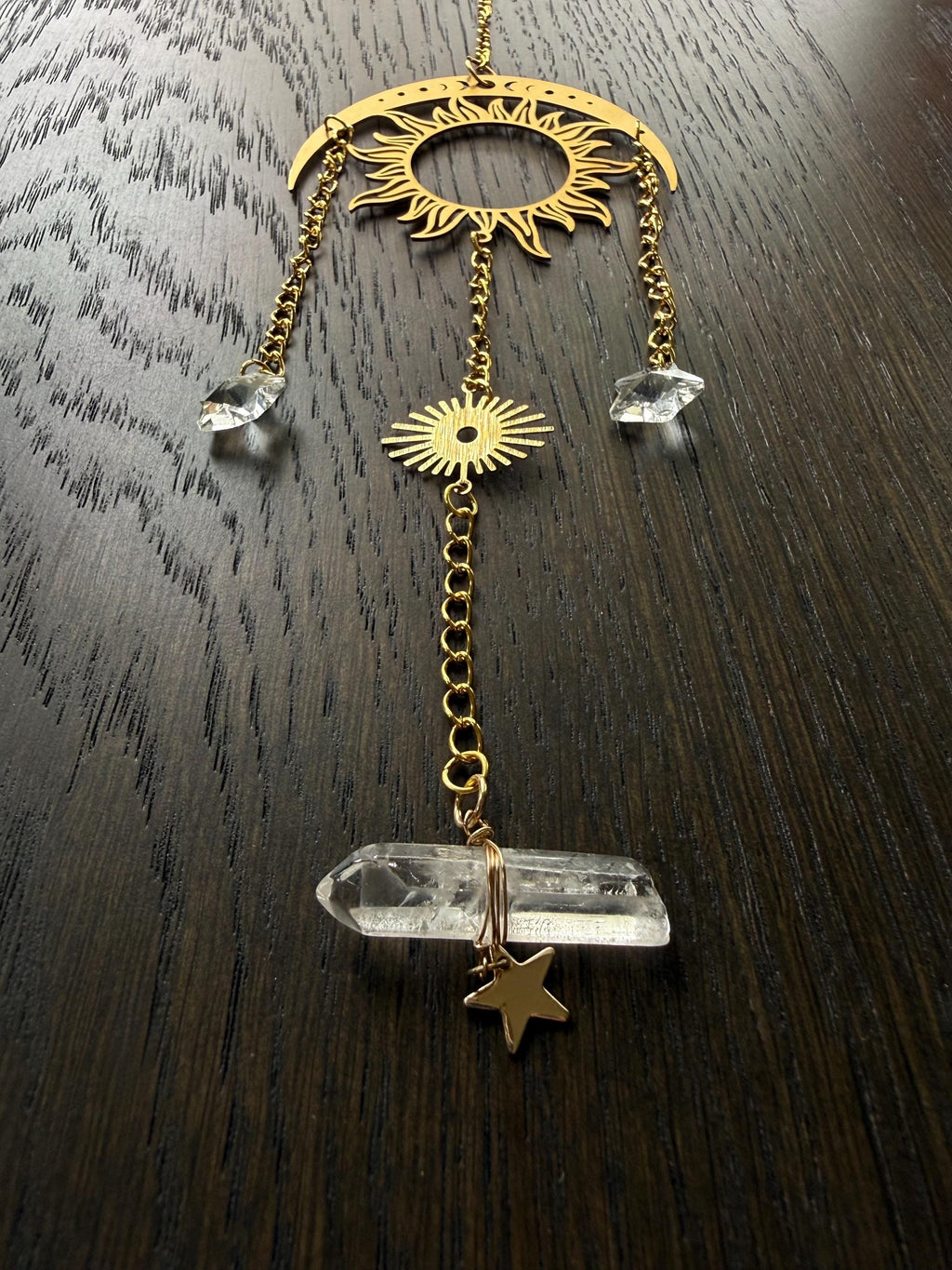 Gold Sun & Stars Suncatcher w Crystal Charm