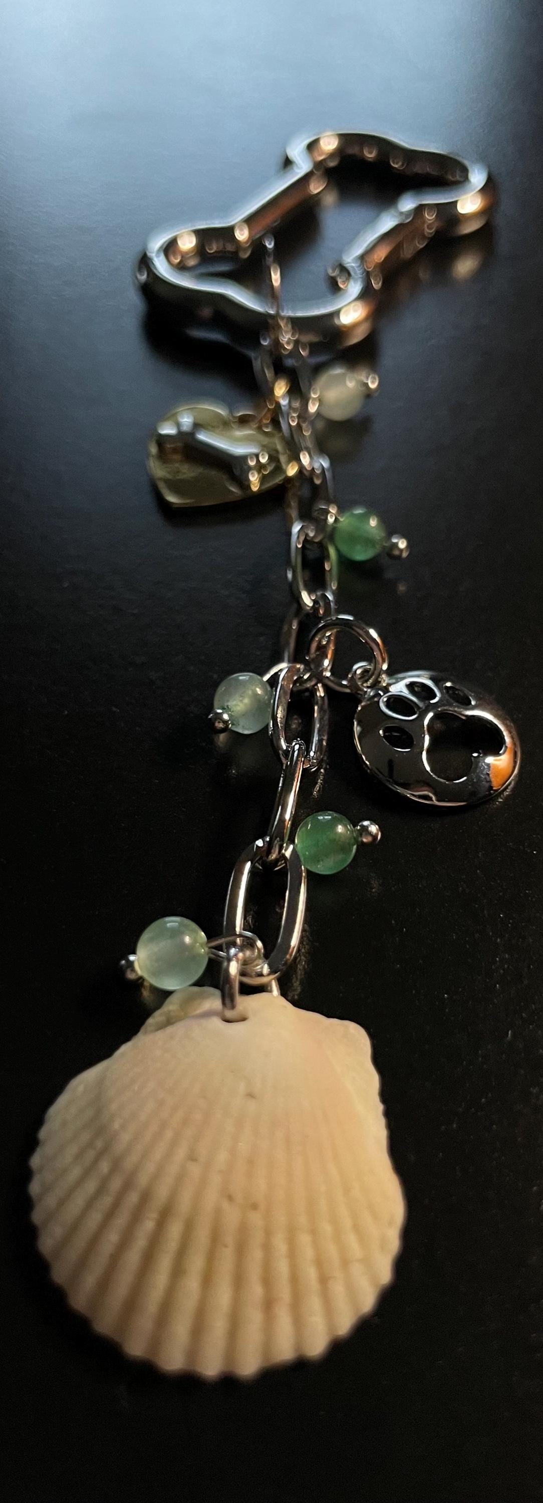 Puppy Paw Print Key Chain with Dog Bone and Authentic Scallop Shell