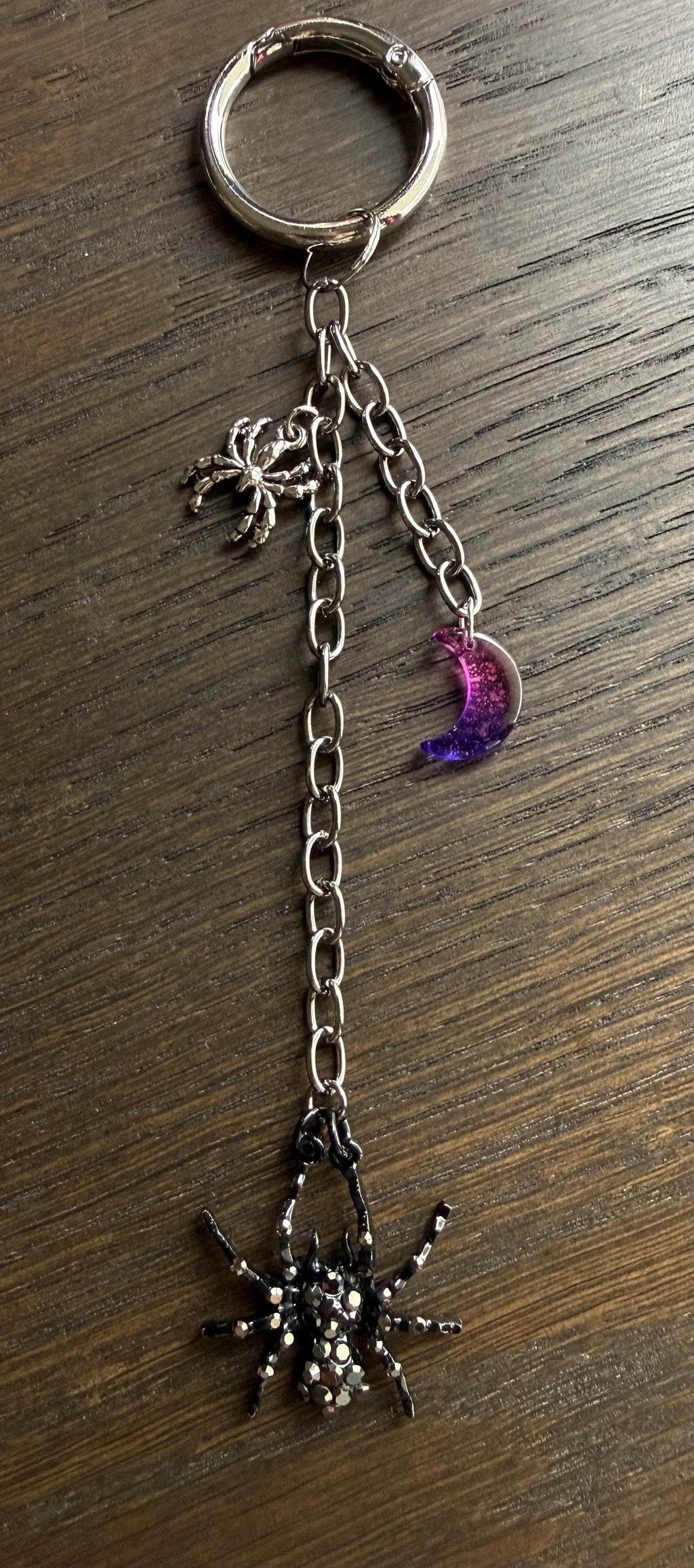 Black Rhinestone Spider w/ Moon, Bag Charm or Keychain … Perfect for your traveling bag!