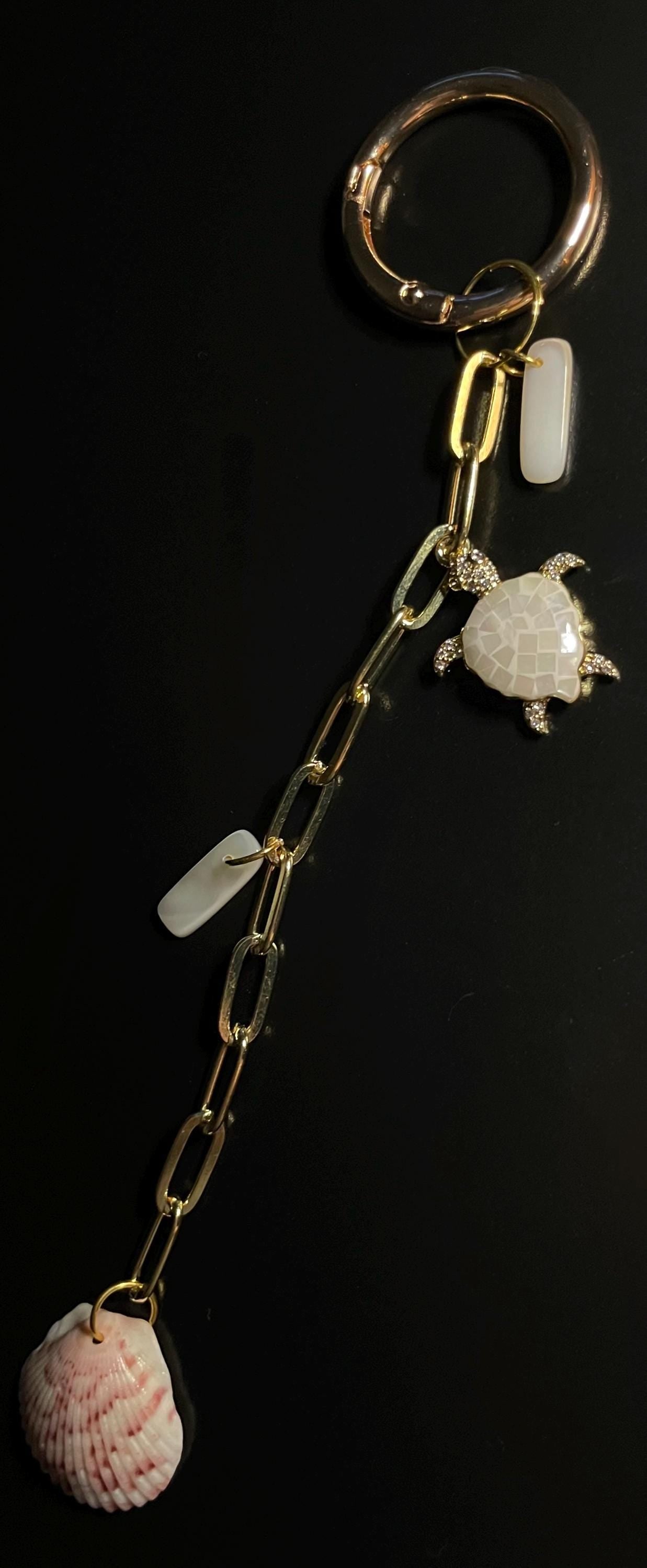 Authentic Scallop Shell,  Bag Charm or Key Chain – Embellished Turtle Accessory