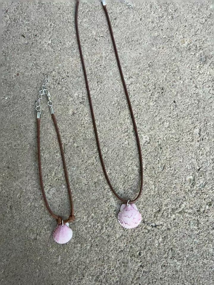 Necklace (set option) ~ Pink Shell, Brown Cord