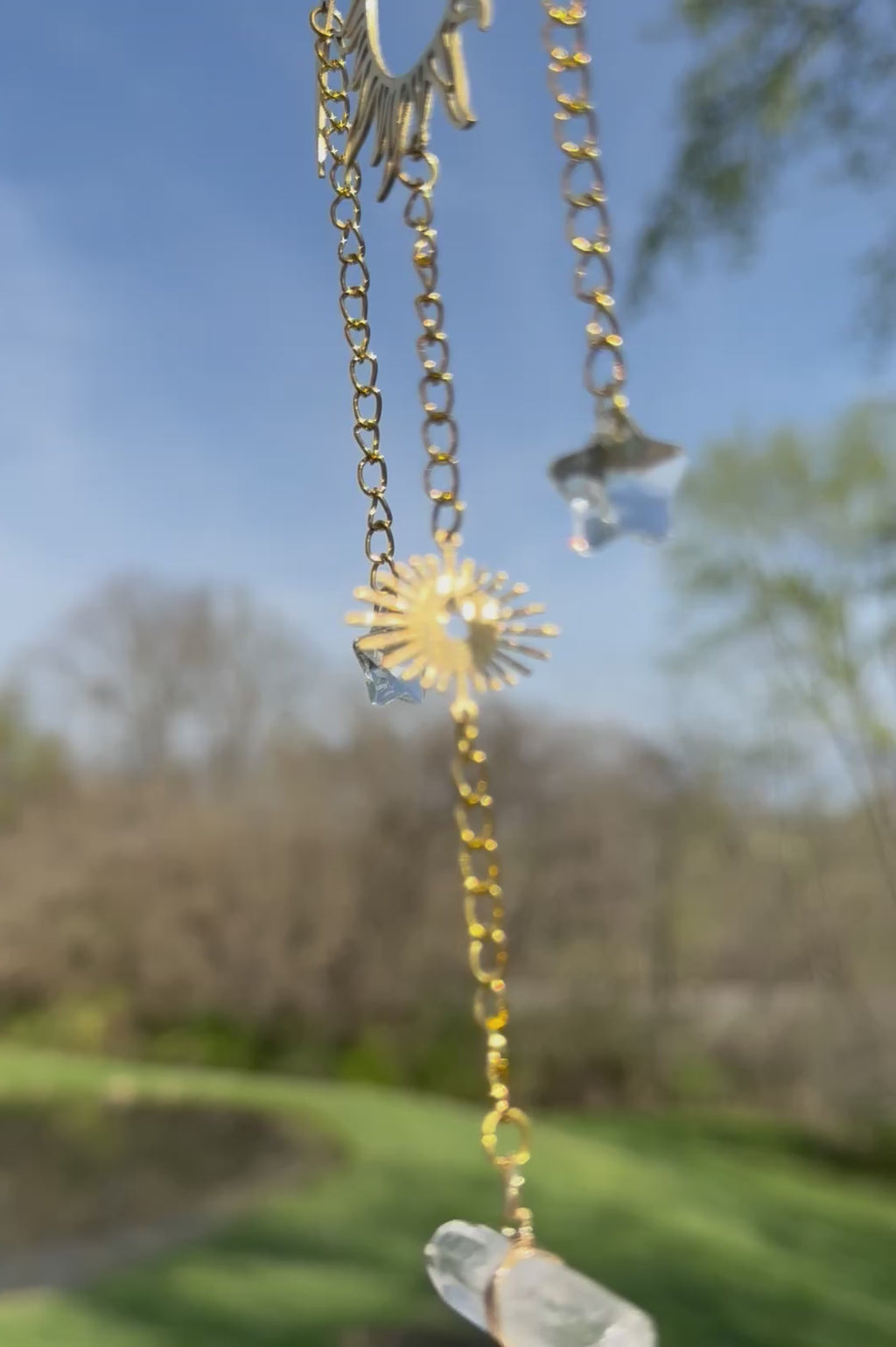 Gold Sun & Stars Suncatcher w Crystal Charm
